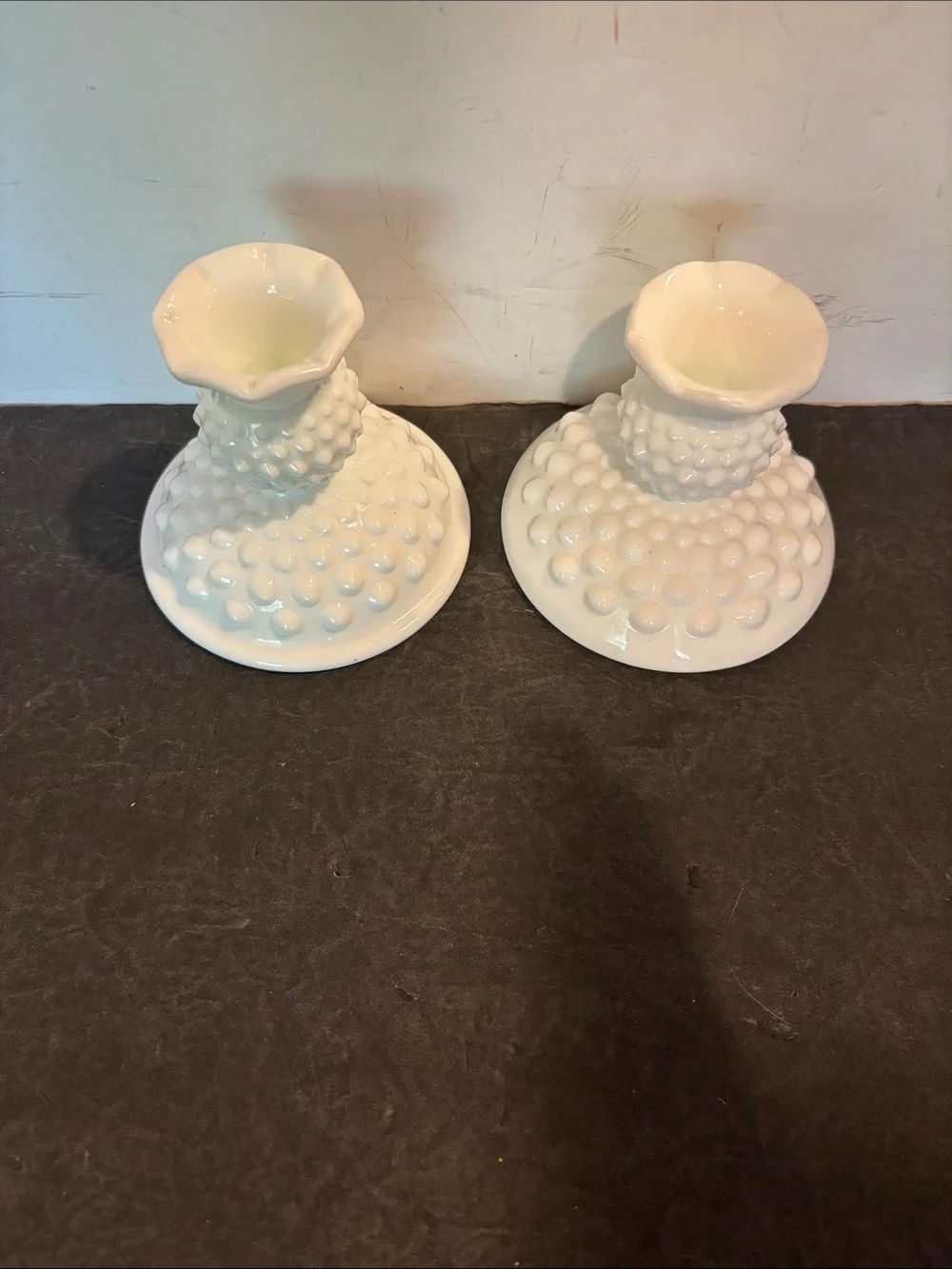 Fenton 3974 Dome Footed White Hobnail 3” Glass Candle Holders - Pair